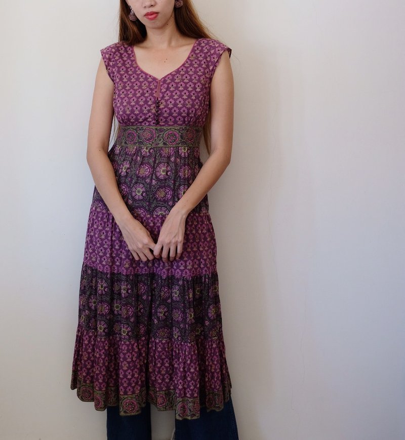 Vintage Anokhi for east dress 印度蓋印無袖洋裝 - 洋裝/連身裙 - 棉．麻 