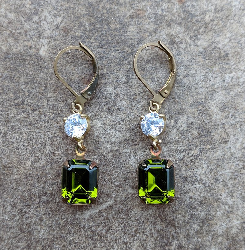 Olive Green Vintage Glass Earrings - Earrings & Clip-ons - Glass Green
