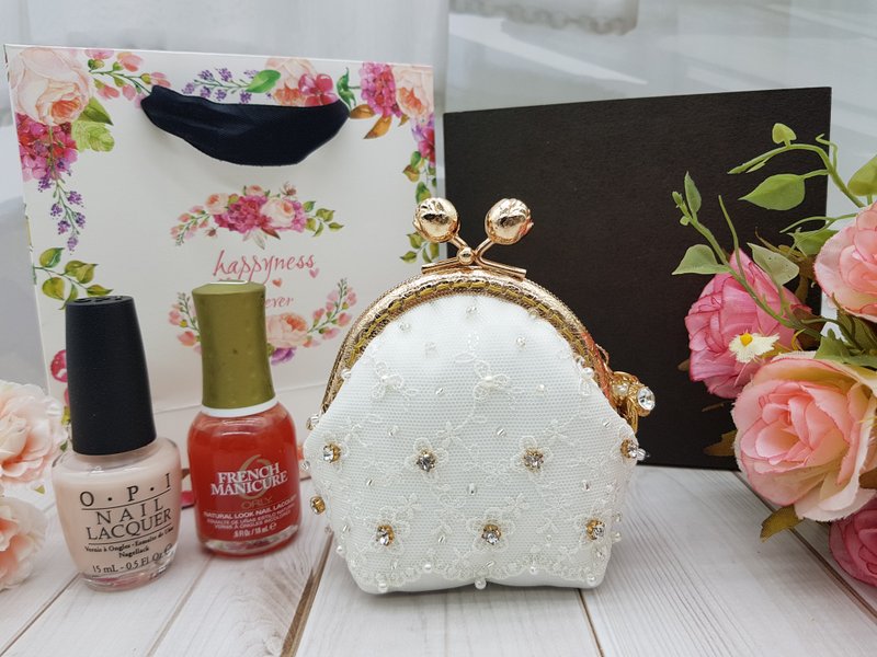 Lace rhinestone rose head gold bag 1 coin purse storage bag mother's day gift - Wallets - Other Man-Made Fibers White