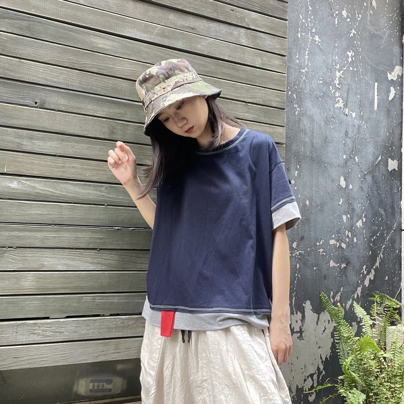深藍 - 假兩件配色雙線T #U1042 - 女 T 恤 - 棉．麻 藍色