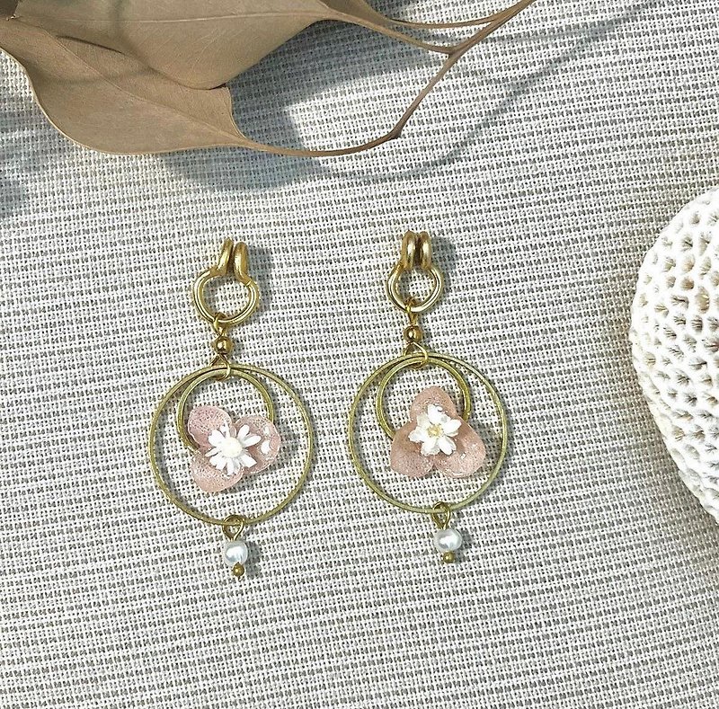 Pink and tender | Durable double circle pearl style - Earrings & Clip-ons - Other Materials Pink