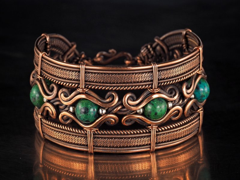 Copper wire wrapped bracelet with chrysocolla for lady Antique style WireWrapArt - Bracelets - Gemstone Green