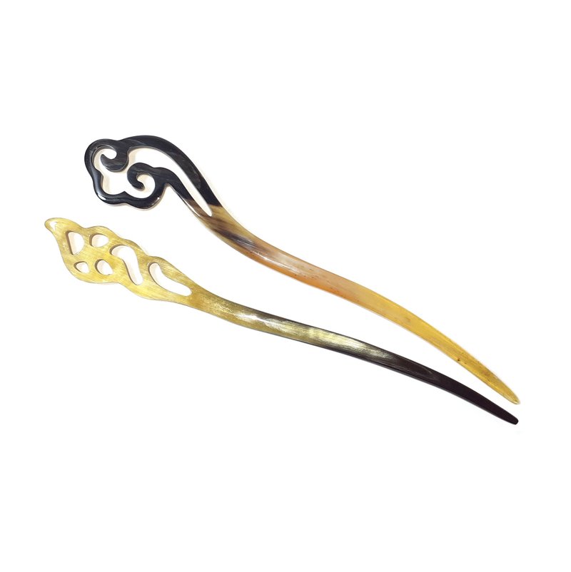 2PCS Natural Horn Hair Sticks for Women - Japanese Style Retro Hairpin Clip Fork - 髮夾/髮圈 - 環保材質 咖啡色