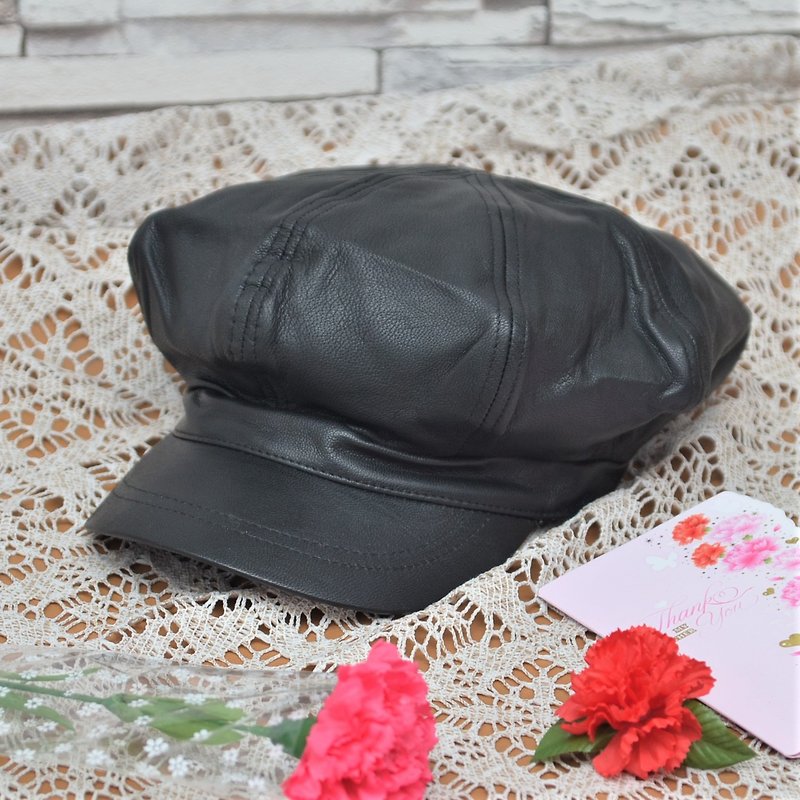 Sheepskin creative artist Baker hat black captain hat reflects the taste and texture - Hats & Caps - Genuine Leather Black