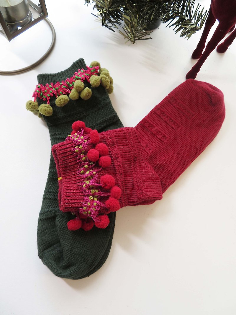 Other Materials Socks Red - Christmas red with green wool ball socks (2 pairs)