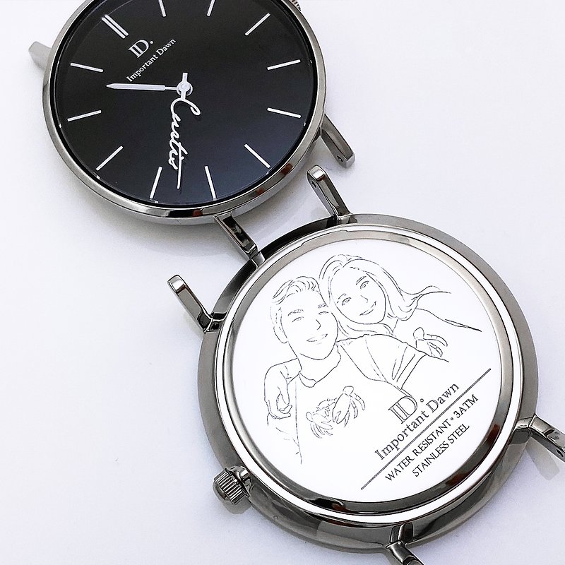 【客製化禮物】客製化手錶禮物套組(指針訂製+人像背蓋刻印) - 對錶/情侶錶 - 不鏽鋼 銀色