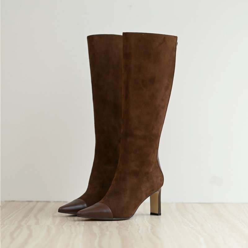 鞋頭拼接-羊猄粗跟長靴-棕色 - 女長靴/高筒靴 - 真皮 咖啡色