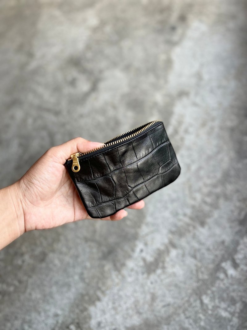 Key card case - black crocodile vegetable tanned leather can hold keys, change and cards【LBT Pro】 - Keychains - Genuine Leather Black