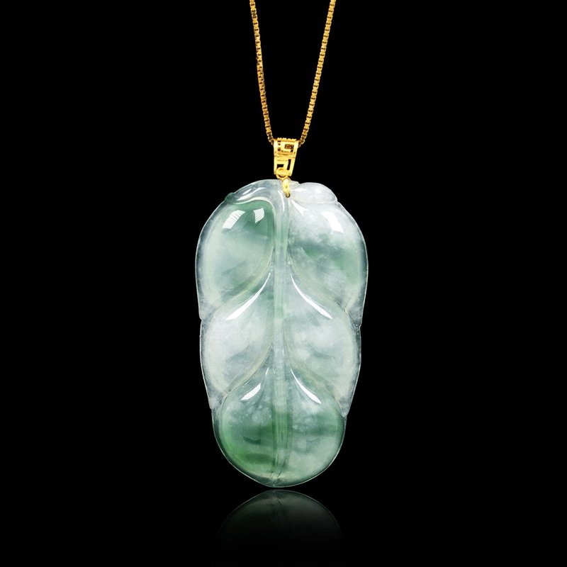 Jadeite Leaf Carving Transparent Natural Jadeite Pendant 18K Gold Clasp - Necklaces - Jade Multicolor