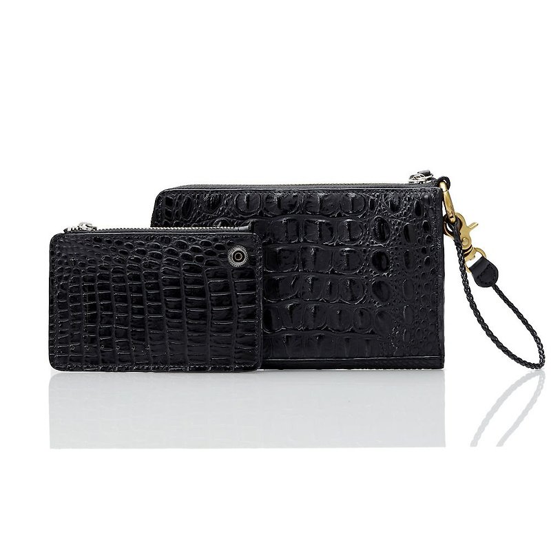 Black crocodile leather passport package Clutch / Clutch / long folder (with 8 cards and wallets and key rings braid) - Other - Genuine Leather Black