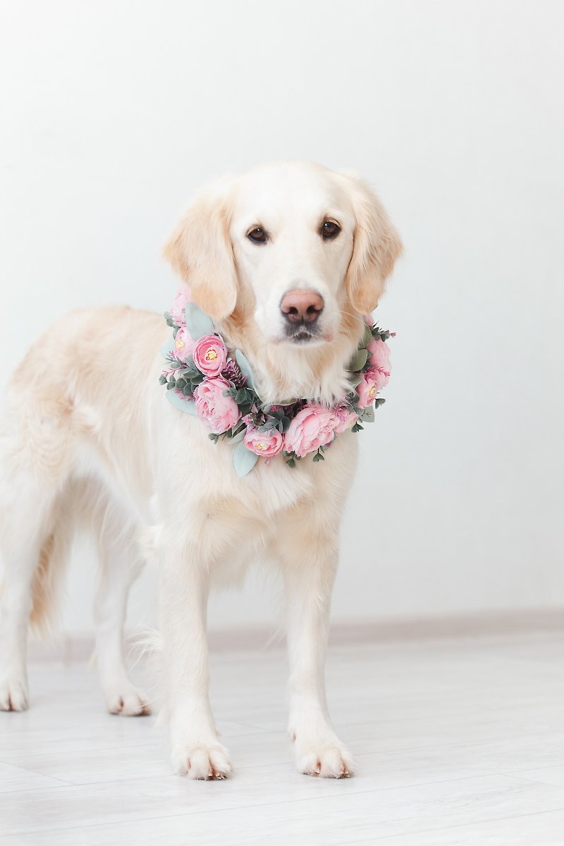 wedding dog with pink peony flowers, bridesmaid puppy sage eucalyptus garland - ชุดสัตว์เลี้ยง - พืช/ดอกไม้ สึชมพู