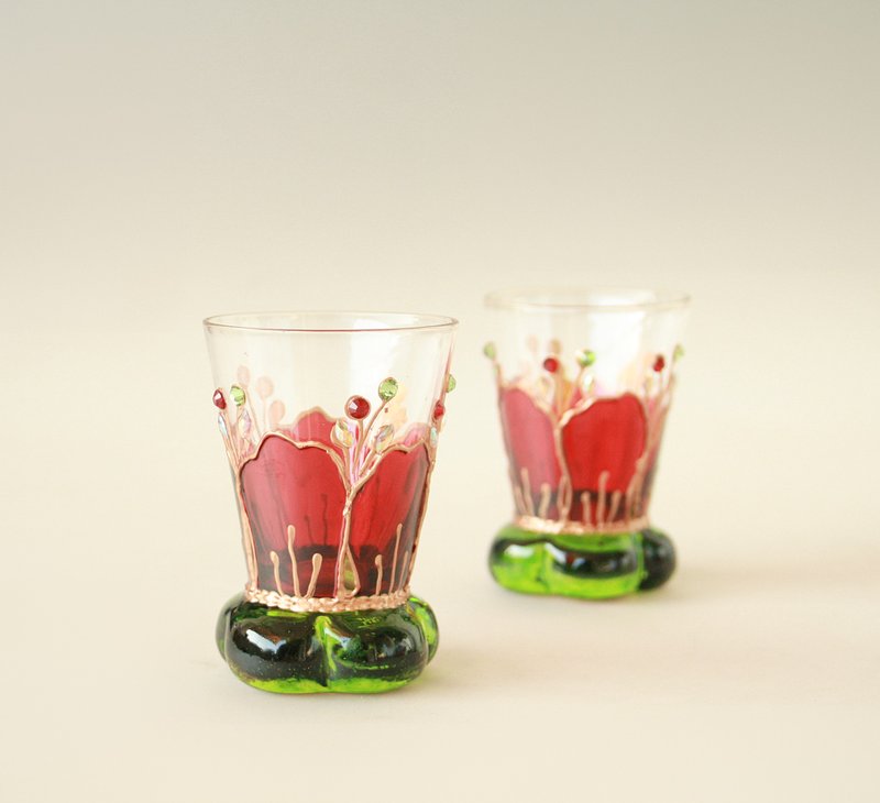 Shot Glasses, Sake, Red Flower, Hand-painted - 酒杯/酒器 - 玻璃 紅色