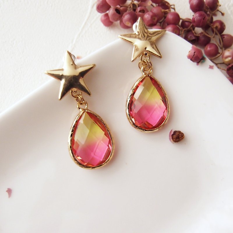 Qinliang-star Clip-On, pin earrings. No ear hole or Stainless Steel needle - Earrings & Clip-ons - Resin Pink
