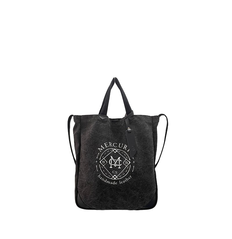 Mercury black thick canvas with genuine leather texture large capacity canvas bag - กระเป๋าแมสเซนเจอร์ - ผ้าฝ้าย/ผ้าลินิน ขาว