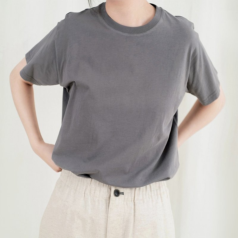 Chestnut Research Institute | Independently designed shale gray ultra-thin cotton round neck basic loose short-sleeved T-shirt - เสื้อยืดผู้หญิง - ผ้าฝ้าย/ผ้าลินิน 