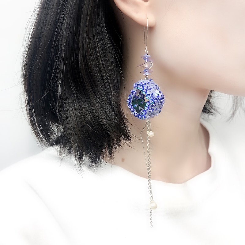 立體  珠片繡 神秘藍紫色 耳環耳夾 - 耳環/耳夾 - 純銀 紫色