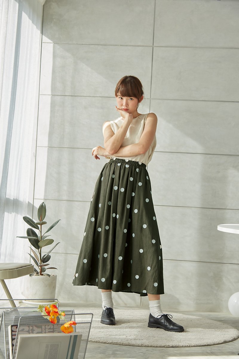 Linen Paneled Skirt With Polkadot Embroidered - Seaweed Green Color - Skirts - Cotton & Hemp Green