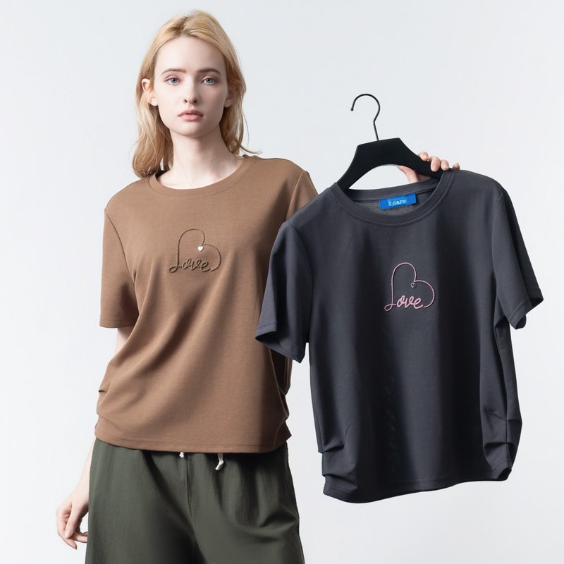 【ICare】刺繡愛心 Love 短袖T恤 - 2色(F) | 女短袖T恤 休閒上衣 - 女 T 恤 - 棉．麻 咖啡色