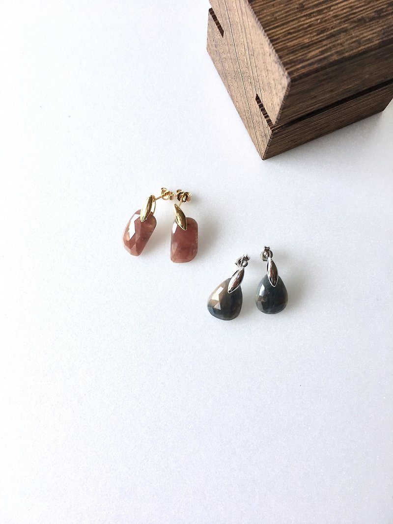 Sapphire rose cut hook-earring / Brass Stud-earring - Earrings & Clip-ons - Semi-Precious Stones Blue