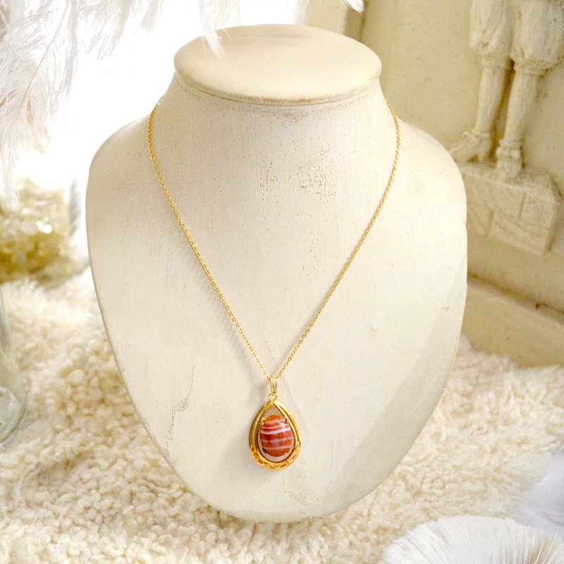 オレンジホワイトアゲート クリスタル石ネックレス ヴィンテージ レディース シニア 日本の中古 ジュエリーの間の日本金メッキ リング - ブローチ - その他の素材 ゴールド