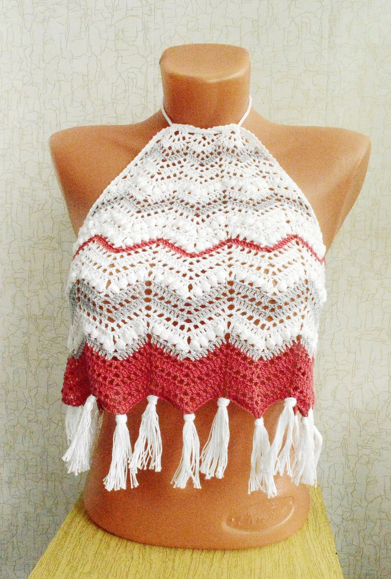 Tank top, T-shirt top crochet, Beach top white-red knitted - เสื้อยืดผู้ชาย - ผ้าฝ้าย/ผ้าลินิน ขาว