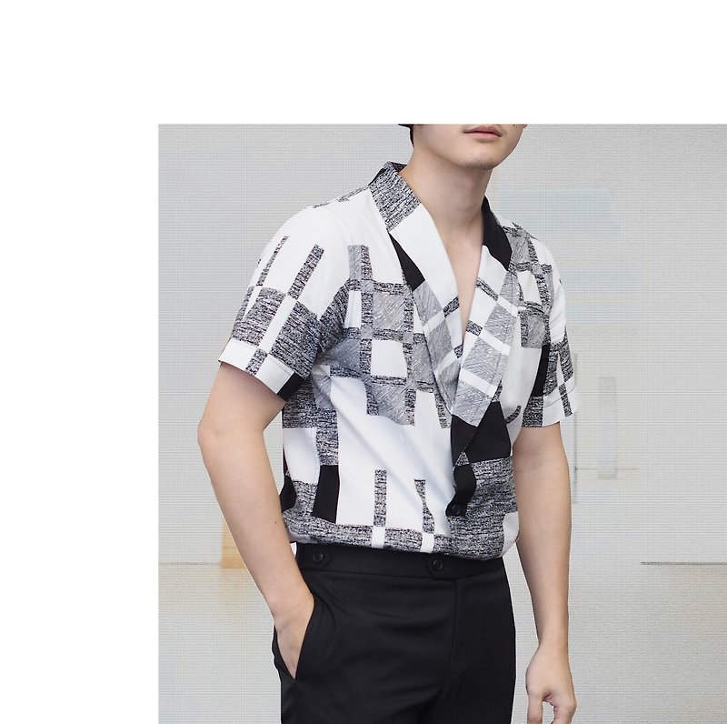 Black square draping button up - เสื้อเชิ้ตผู้ชาย - ผ้าฝ้าย/ผ้าลินิน ขาว