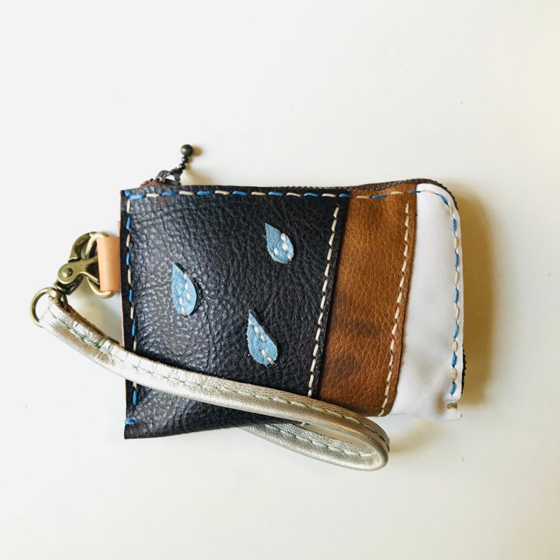 It's raining L leather zipper bag clutch bag sniffing leather hand-made - Wallets - Genuine Leather Blue