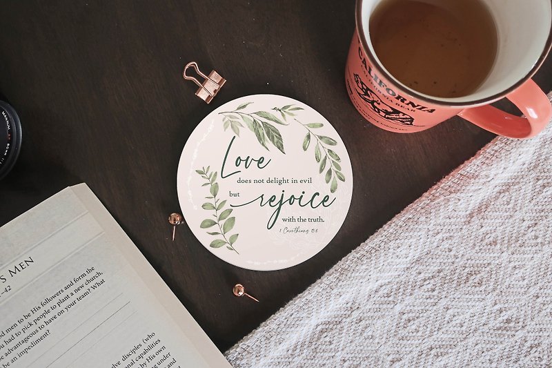 Greenery Christian Coaster with Bible Verse 1 Corinthians 13:6 | Watercolor - Coasters - Pottery Green