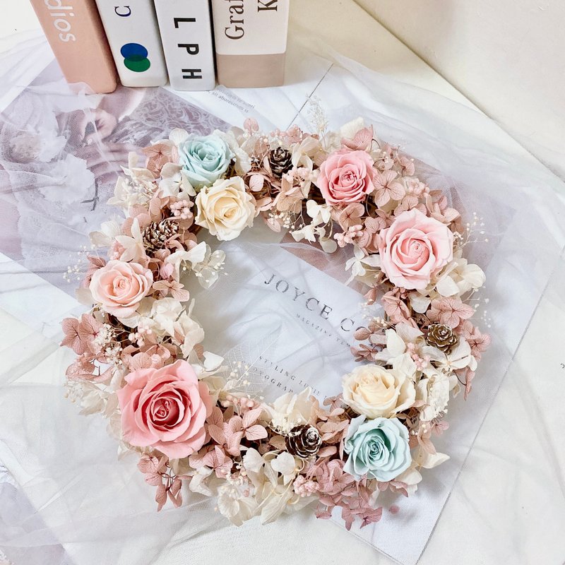 Dry everlasting wreath (25cm) Christmas gift exchange, opening, housewarming, new home completion - ช่อดอกไม้แห้ง - พืช/ดอกไม้ สึชมพู