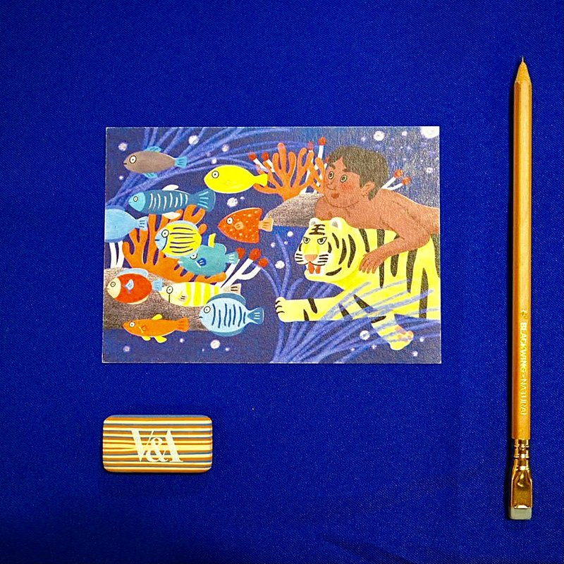 Tiger and boy catching fish postcard - การ์ด/โปสการ์ด - กระดาษ สีน้ำเงิน