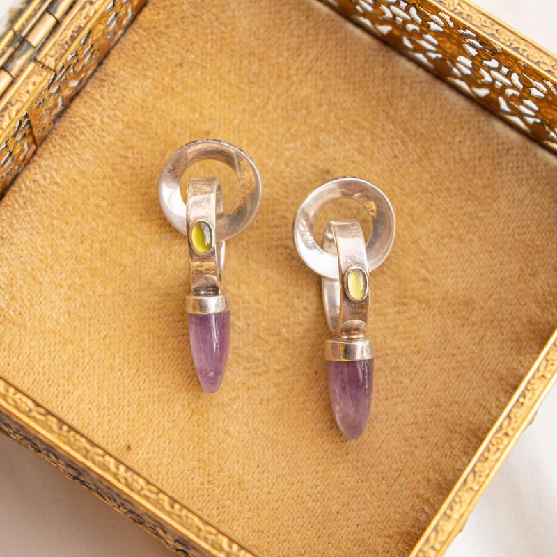 American antique rough style ring set with citrine and amethyst handmade 925 sterling silver pendant ear hook - Earrings & Clip-ons - Semi-Precious Stones Purple