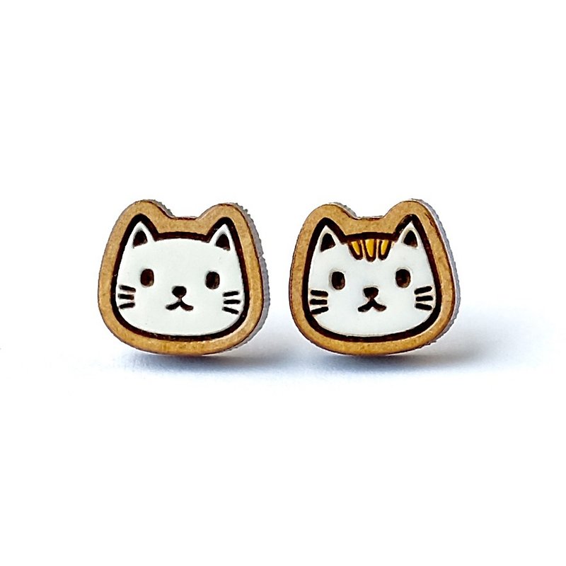 Painted wood earrings-Cat - Earrings & Clip-ons - Wood White
