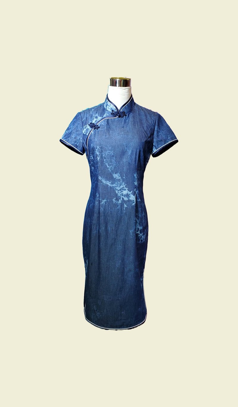 扎染牛仔布旗袍 VINTAGE 悅裳 港式 旗袍 連身裙 - 旗袍/改良式旗袍 - 棉．麻 藍色