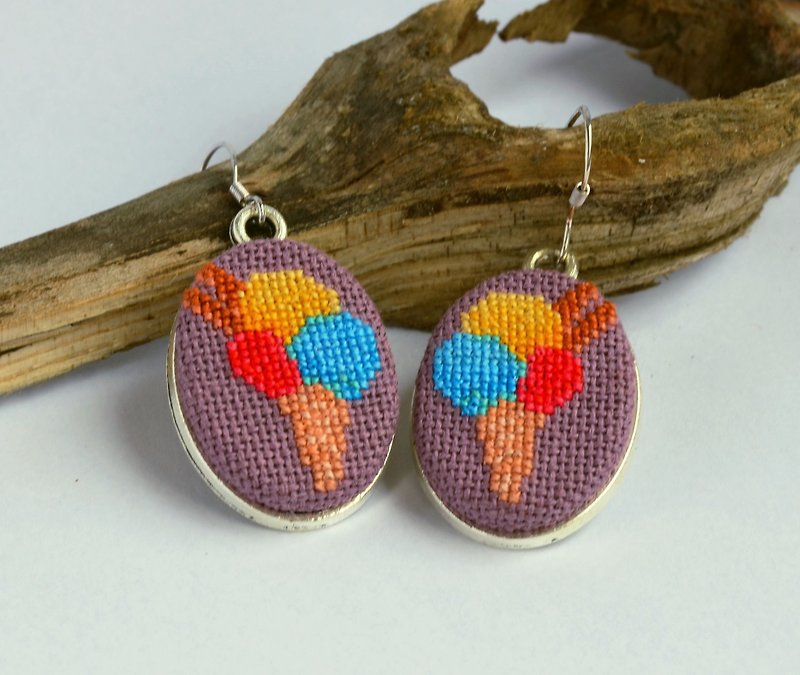Ice cream embroidered colorful earrings, Cross stitch food jewelry - Earrings & Clip-ons - Thread Purple