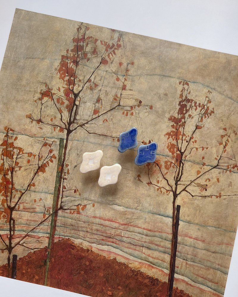 陶瓷 耳環 古典星芒陶瓷耳環 夾式 Ceramic Accessory - 耳環/耳夾/耳骨夾 - 瓷 藍色