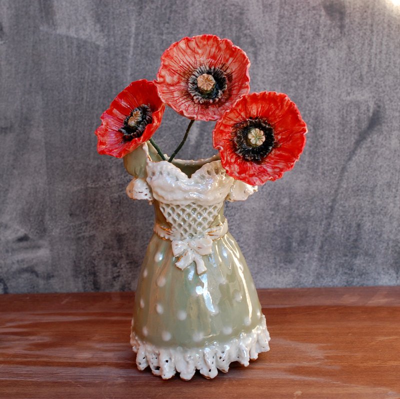 Decorative vase, Flowers figurine, Red poppy Dress figurine Ceramic sculpture - เซรามิก - เครื่องลายคราม หลากหลายสี