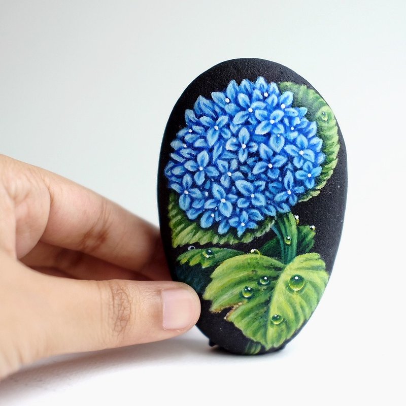 Hydrangea Flower stone painting, Original painting, - 公仔模型 - 石頭 藍色
