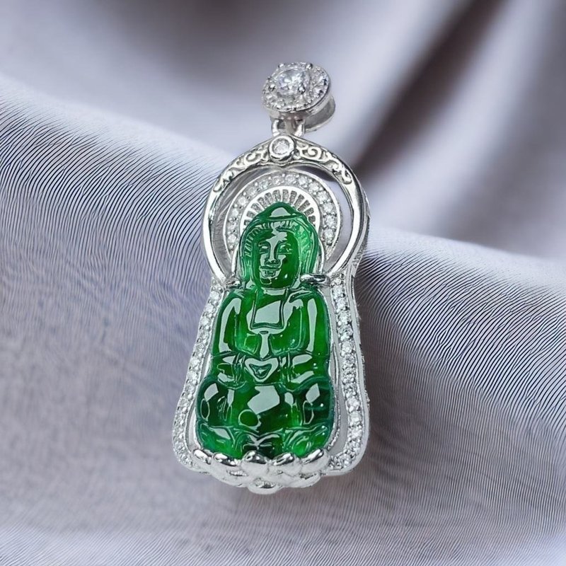 Bingzhong Laokeng Green Jade Guanyin Bodhisattva Necklace 925 Sterling Silver | Natural Jade A Goods | Gift - Necklaces - Jade Green