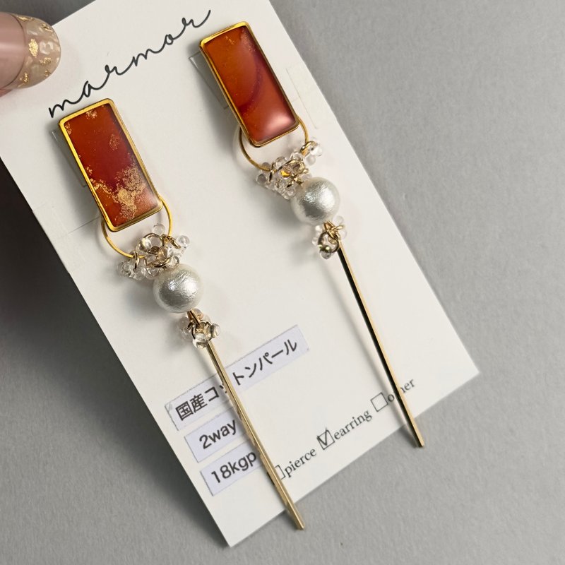 【限量一件】橘色 兩戴式 酒精墨水藝術 長款 耳環 18kgp 抗敏 - 耳環/耳夾/耳骨夾 - 樹脂 橘色