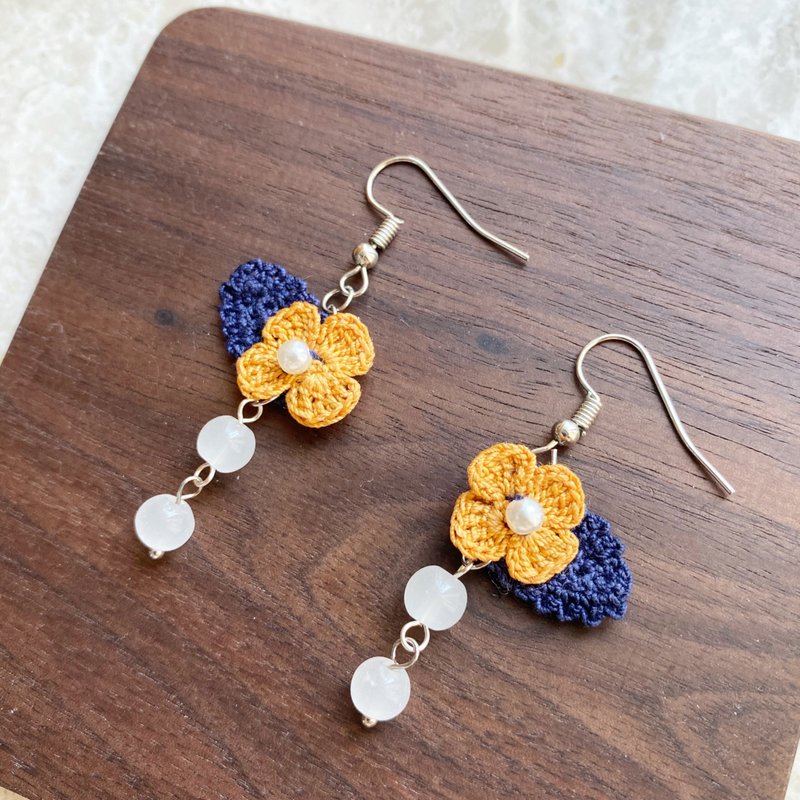 Japanese water lilac flower woven earrings Crochet yellow flower earrings hook flower - Earrings & Clip-ons - Cotton & Hemp Yellow