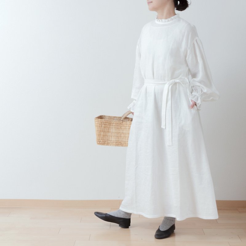 A-line linen dress with gathered sleeves and back foldover buttons, perfect for formal occasions, with a classy tucked Linen collar / off-white - One Piece Dresses - Cotton & Hemp White