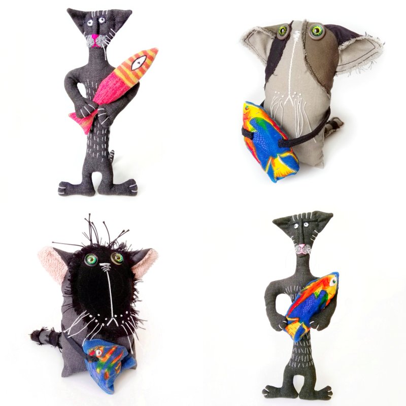 Handmade Cats: Whimsical Fabric Interior Toys, One-of-a-Kind Unique Art Dolls. - 玩偶/公仔 - 棉．麻 多色