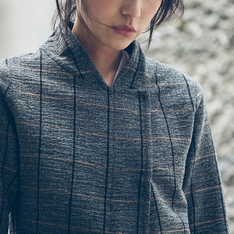 軍式短版外套 - 格紋 - 女大衣/外套 - 其他材質 灰色