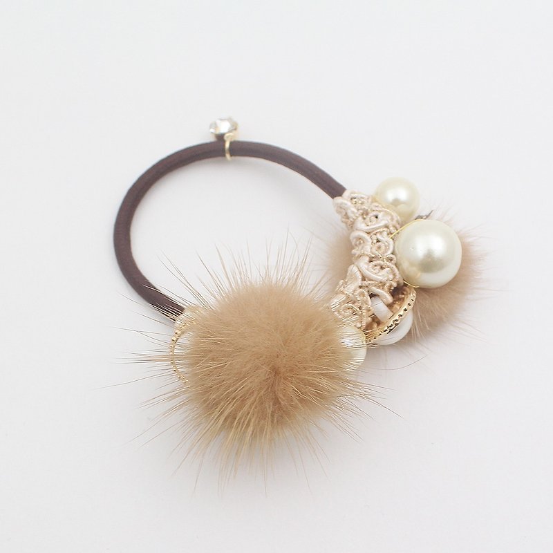 Brown mink fur pearl  ponytail holder - Hair Accessories - Polyester Brown