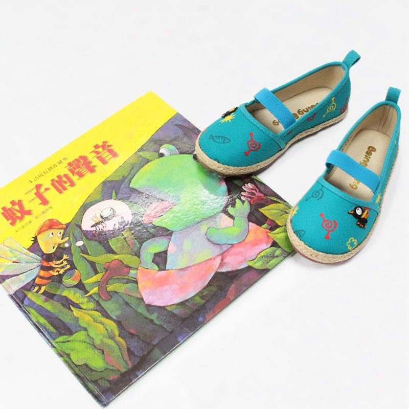 草編娃娃鞋 – 藍蚊子的聲音(超值組合鞋+繪本) - 男/女童鞋 - 棉．麻 藍色