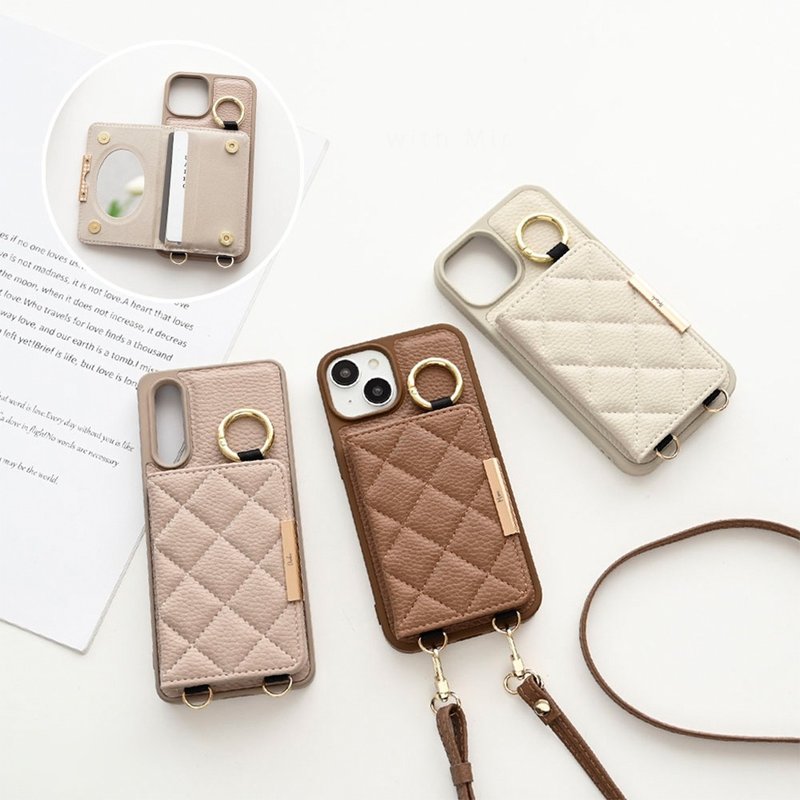 多機種対応 スマホケース カラー リアケース 【 キルティング 2つ折り カードケース ラインパーツ 名入れ 】 ミラー付き スマホショルダー JE10U - スマホケース・カバー - 革 ブラウン