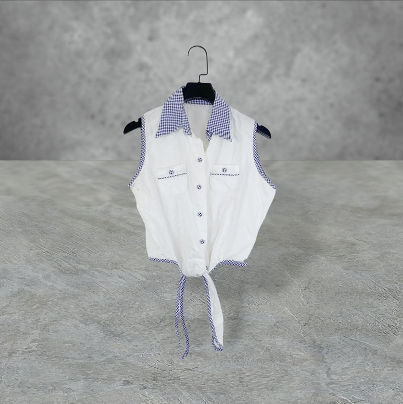 Second-hand white blue and white plaid piping belt button-up vest OPD427 - Women's Vests - Polyester White