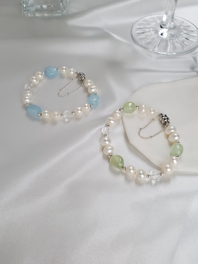 Pearl sterling silver magnetic buckle bracelet / Stone aquamarine / JIEGEM sister's jewelry - Bracelets - Pearl Multicolor