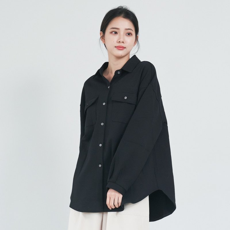 【Simply Yours】Knit Shirt Black F - Women's Tops - Cotton & Hemp Black