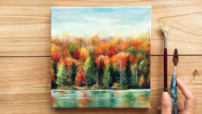 【Autumn Shades】Original Acrylic Painting. Lakeside Fall Season Forest Landscape. - Posters - Cotton & Hemp 